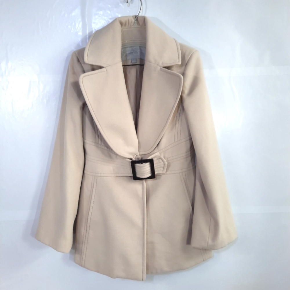 Jessica Simpson Womens Belted Pea Coat Waist Large Buckle Cream Beige Size M